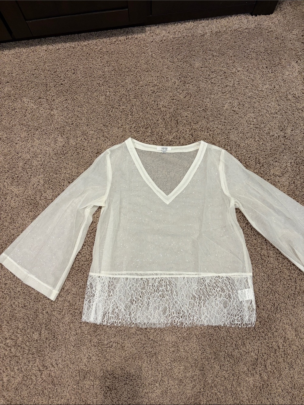 Sheer V-Neck Lace Hem Women's Top - White